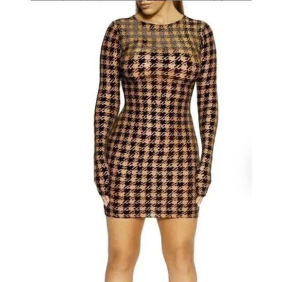 Naked Wardrobe Womens Herringbone Bodycon Dress M Tan Black Pattern Play - Picture 1 of 8